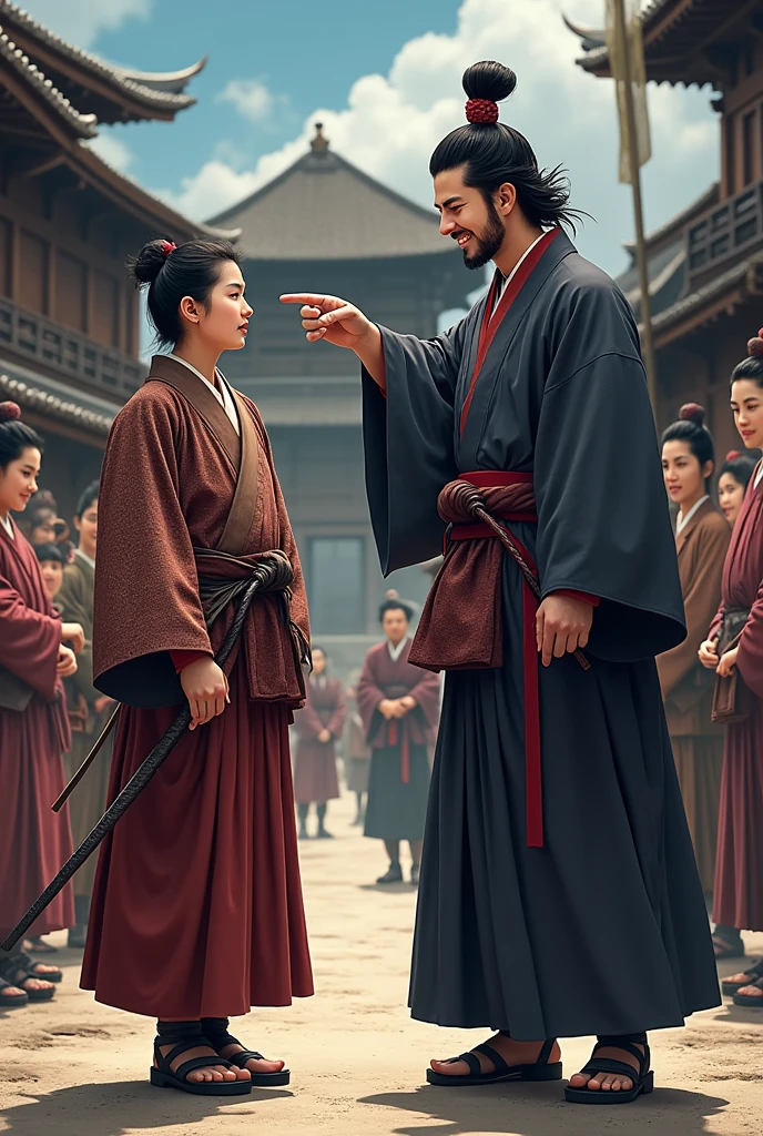 A young Toyotomi Hideyoshi, standing in a traditional Japanese castle courtyard, his face flushed with embarrassment as he scratches his head. Oda Nobunaga is laughing heartily, pointing at him, with samurai and retainers watching in the background, the wooden structures of the castle visible."