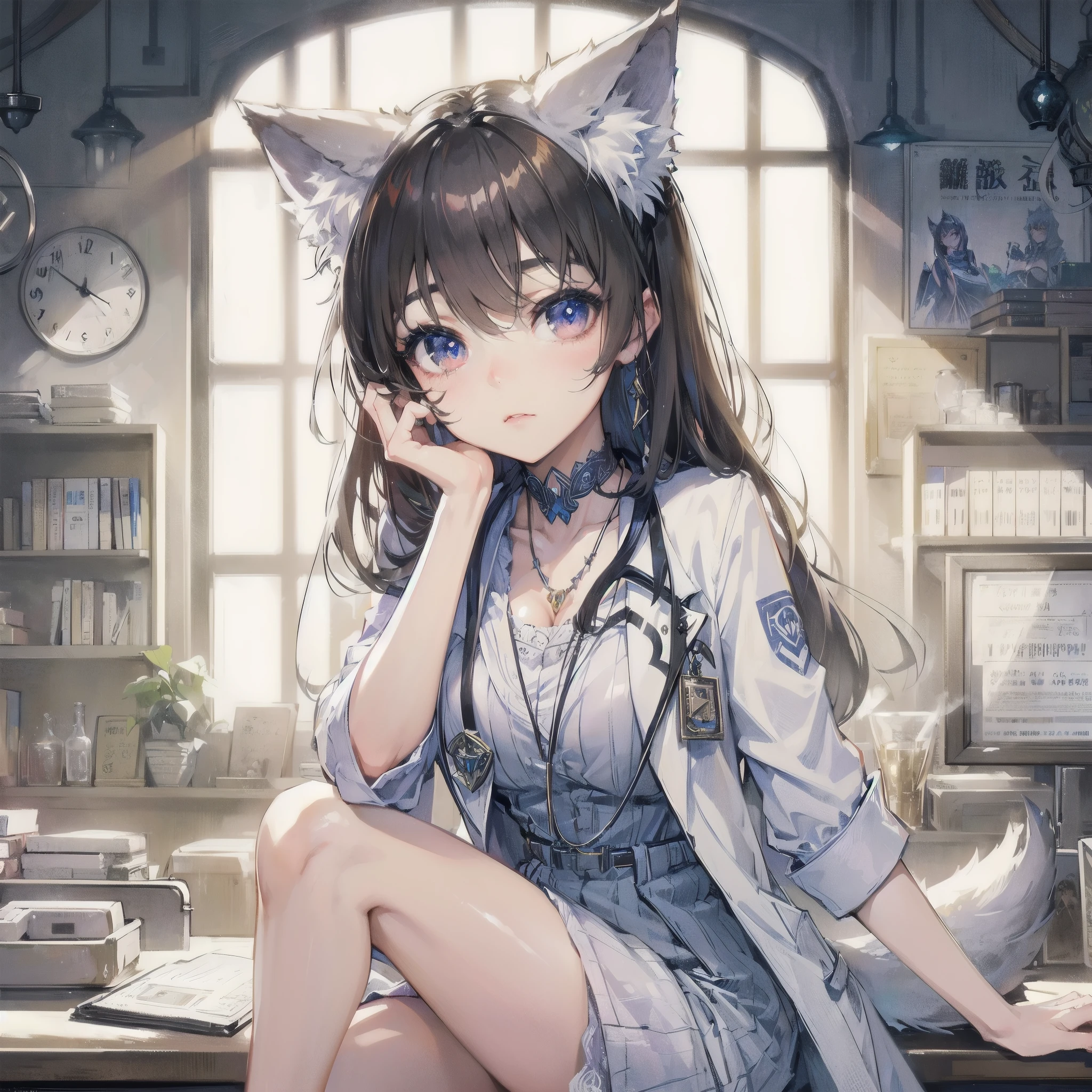 masterpiece, (textured skin), best quality, gorgeous beautiful, (a beautiful girl,wolf ears),detailed clothes,large breasts,narrow waist,, (beautiful face), cinematic lighting, (fantasy anime art ),