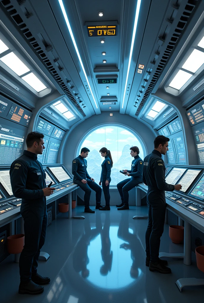 A sleek and modern spaceship interior with advanced technology, featuring holographic displays and ambient lighting in shades of blue and white. The crew consists of three men and two women, all dressed in futuristic space suits. One man is at the control panel, focused on navigation, while another is examining data on a holographic screen. The third man is working on a technical repair. The two women are collaborating at a central console, discussing mission strategies. The atmosphere is tense but professional, as the crew works together to ensure the success of their mission.