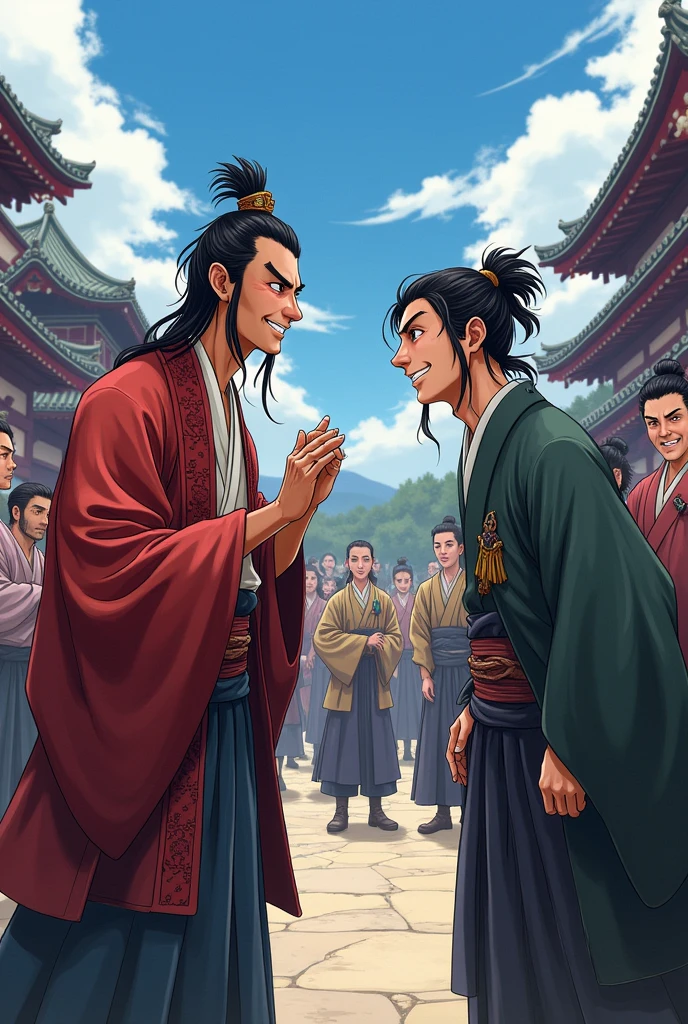 "Oda Nobunaga, with a broad smile and crinkled eyes, teasingly calls Toyotomi Hideyoshi 'Saru' in a lively castle courtyard. Hideyoshi stands awkwardly, his body language tense, surrounded by onlookers who are amused by the interaction."