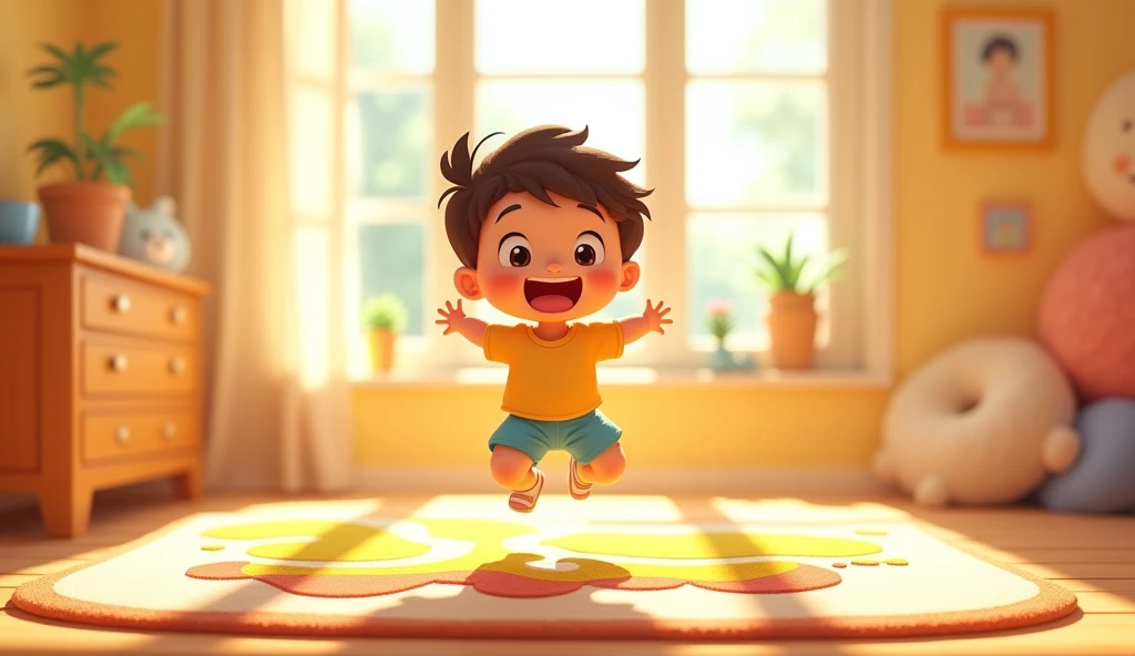 "A cartoon child jumping excitedly on a soft, colorful floor mat inside a bright, cozy room. The atmosphere is joyful and full of movement."