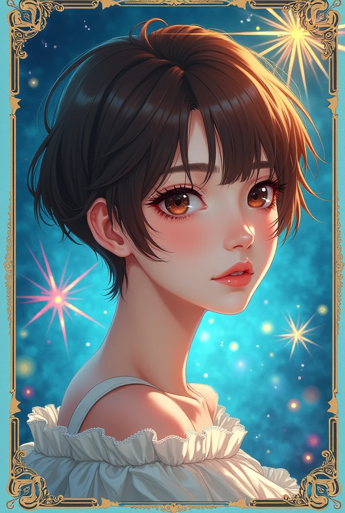 anime manga illustration cartoon style, selfie portrait, beautiful woman, brown short pixie cut, all Tiffany Blue, tarot cards style frame, fusion of watercolors and oil paintings, fusion of paper cutting and shadow puppetry, shading effects, gradation magic effects, glitter effects, (ultra detailed, absolutely resolution, best quality:1.3), 2.5D, delicate and dynamic, artistic photography, hyper realistic, graphic CG digital art, (background rainbow fireworks)