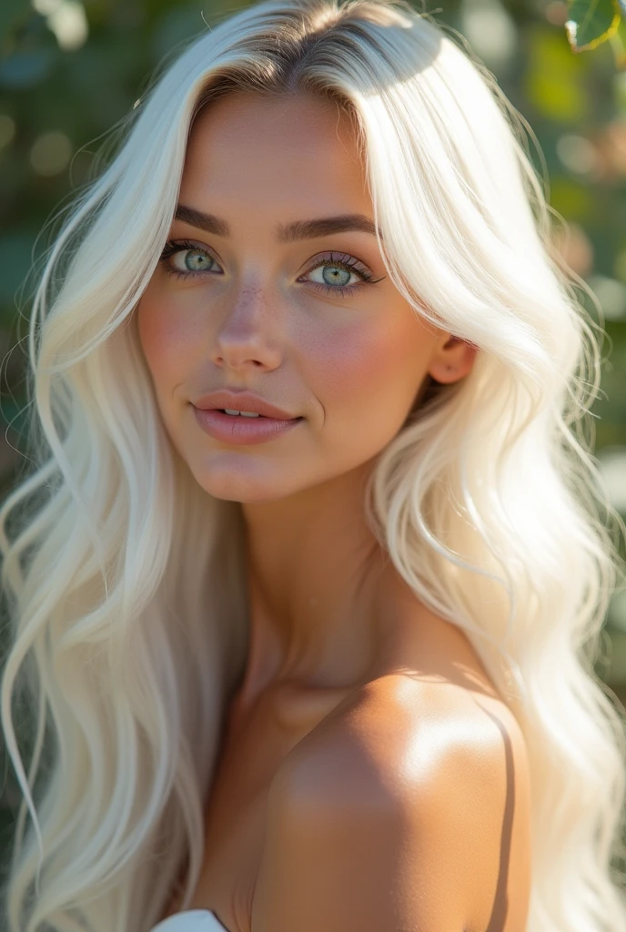 She is slender, with long, wavy white hair that shimmers in the sun. She has clear blue eyes surrounded by thick eyelashes and soft, porcelain skin.She radiates natural charm and lightness, creating a feeling of joy and warmth around her. no cmile