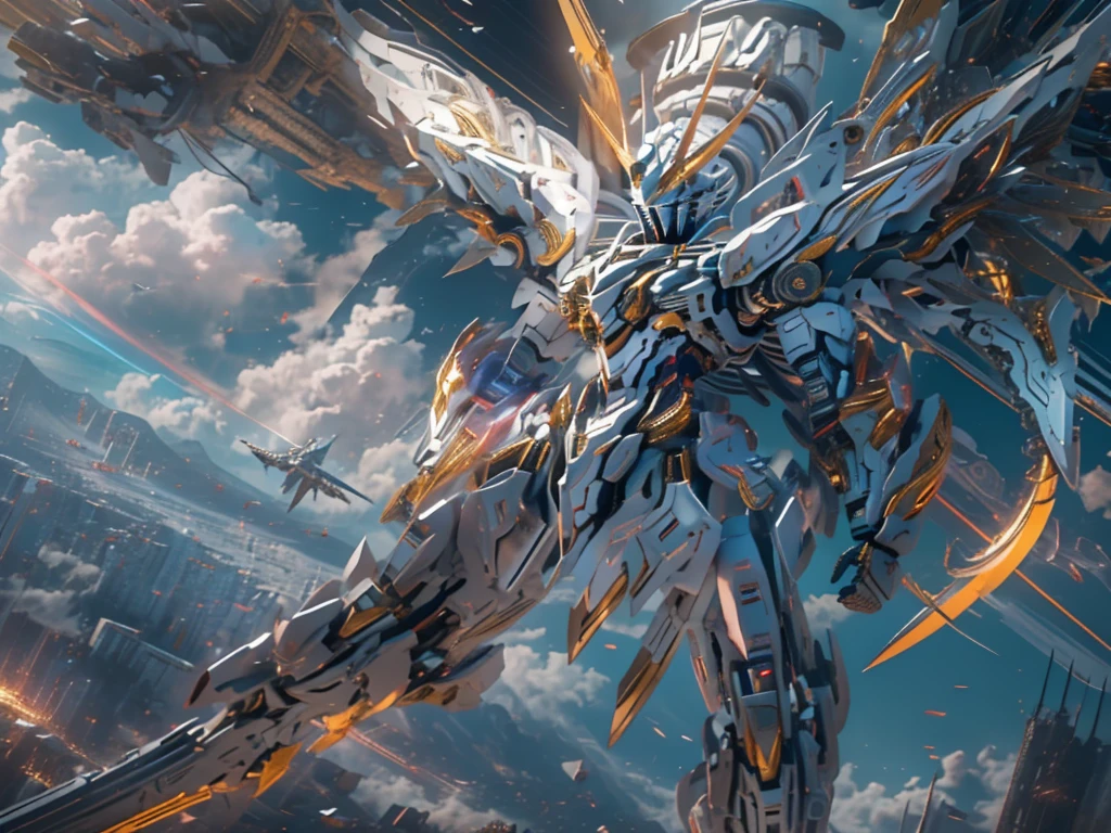 (masterpiece, Highest quality, 8k, highres, Attention to detail, distinct), Anime１scene, Combined Robo, Wing on the back, ((Giant Sword:1.3, Hold your sword in both hands、The tip of the sword is diagonally forward, Standing with a tilted head.)), Space Warfare, (Cutting through a battleship, Split in two, Powerful angles)
