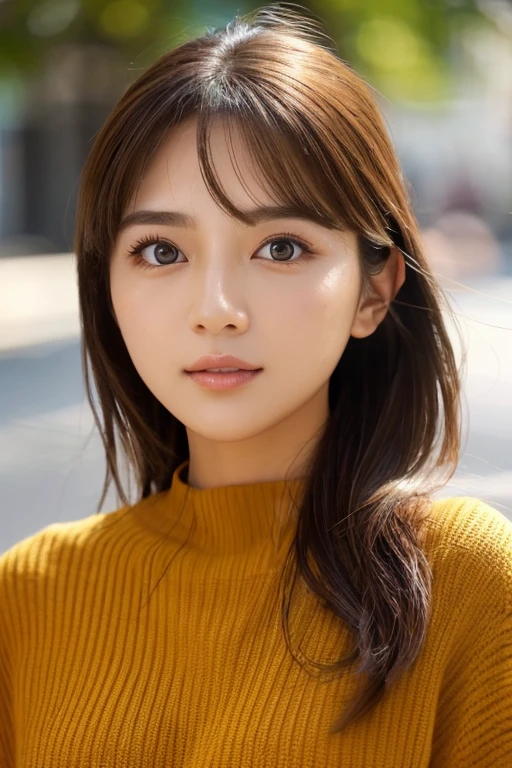 High-quality, ultra-realistic portraits。She has a beautiful nose、Her facial features are gorgeous yet naturally balanced.。Big eyes are kind、Gives a bright impression。The skin is transparent、Has a healthy glow。Makeup is natural、Use orange or mustard colored eyeshadow.、Lip color is subdued。The lighting is soft and natural.、Accentuating facial features、Does not emphasize shadows。The background is simple and has a blurred gradient.、Focus on the face。