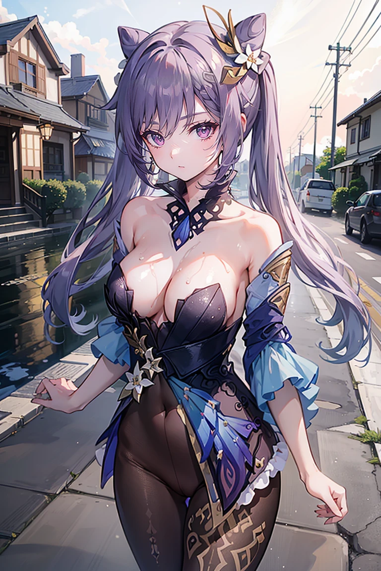 (masterpiece)1 girl, Keqing, Genshin Impact, best quality, Expressive eyes, Perfect face, full-body shot, Smile, blush, , outdoors,, Watching ,, Watching at viewer, , Mood lighting,Long legs,street,Sexy Lingerie,Damp clothes,Cleavage,Wet,Standing,butt,naked breasts,naked nipples,naked legs,up body