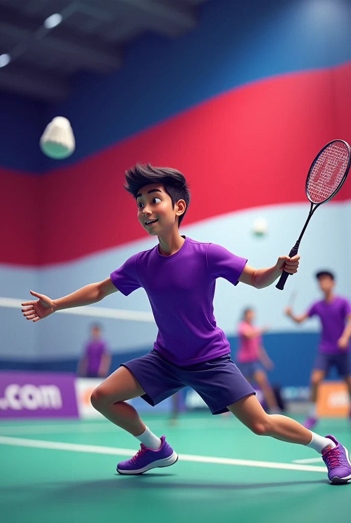 Purple shirt male mascot playing badminton, there's an Indonesian flag, world cup tournament