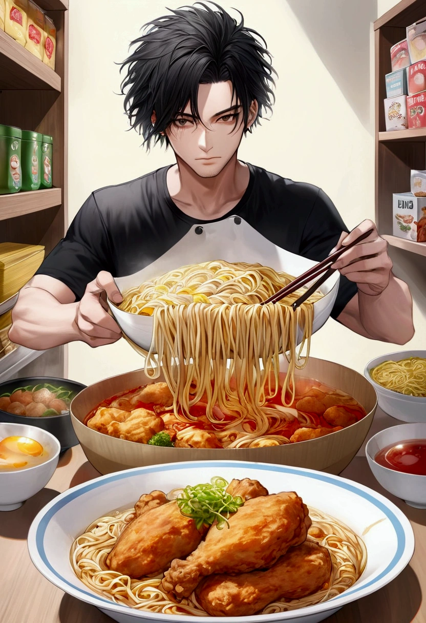 very realistic, making noodles in packages, with a picture of noodles with eggs and fried chicken, as well as an emo-haired man with the words "bojes mie sange" UHDR super realistic
