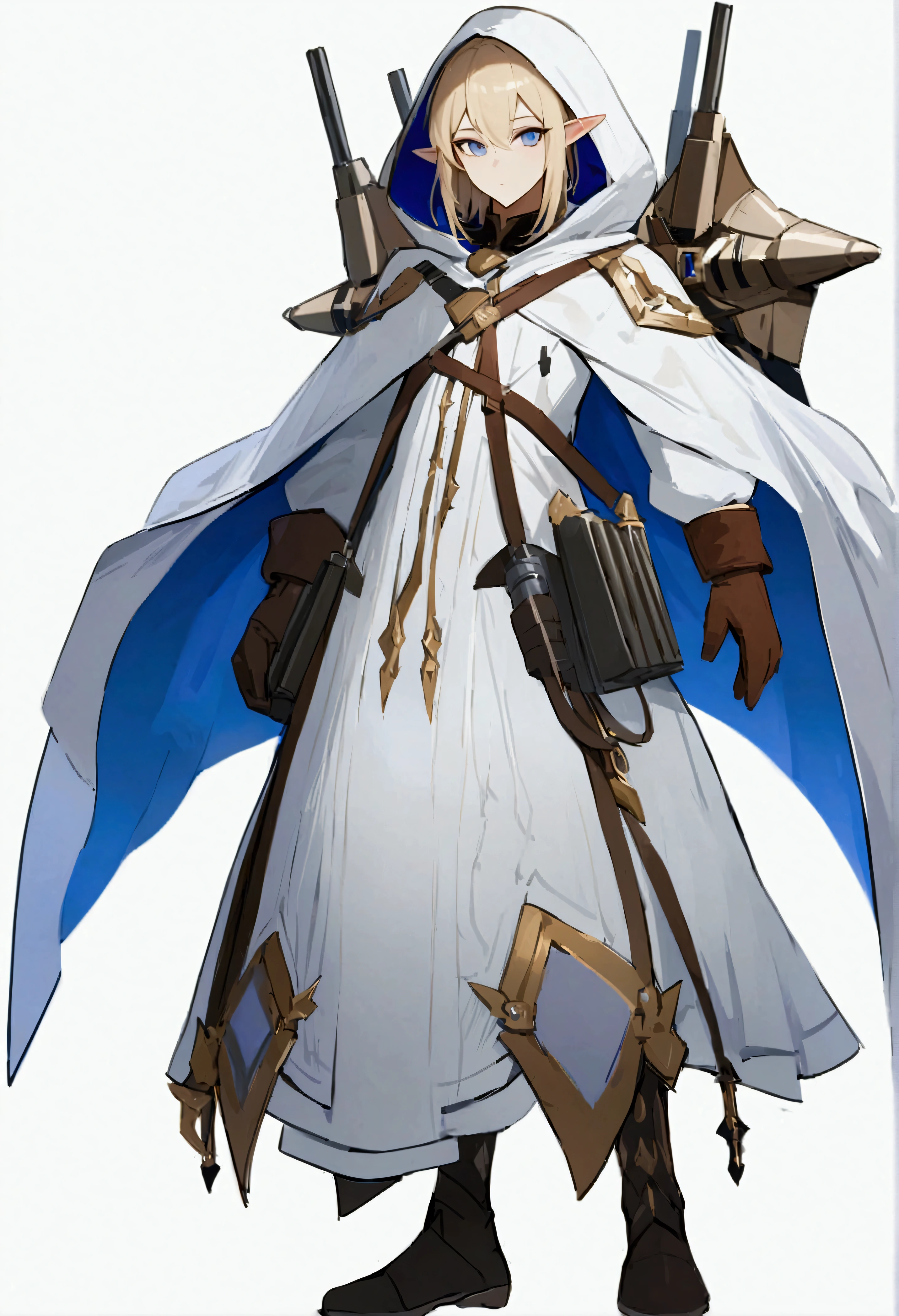(best qualityer, work of art, (high resolution), original, extremely detailed hmh,1 men, standing alone, missiles, elsword, containment missiles, containment, containment elsword, missilesdura de cota de malha, mitts, hooded cloak, white background, brown mitts, blue colored eyes, whole body, booties, standing, simple background, looking ahead at viewer, , hooded cloak up, hair blonde, cape, scabbard, Fair-skinned elf,