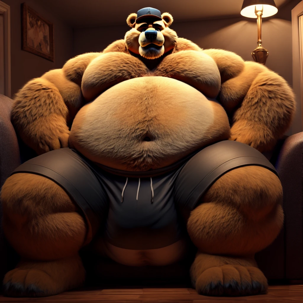 Fat Huge 450 Pounds Daddy Furry Nightmare Fredbear Big Belly and Large chunky body and wearing Black Shorts and sitting on the sofa His Belly is Bigger, Huge, fat, Chunky, and Furry