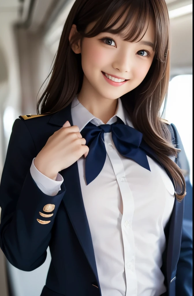Huge and、In the ideal shape、A sexy、large boob、s ass、Perfect Style、Ideal woman、are half visible from the uniform、Beautiful five fingers with a delicate form、The beauty of, Brown hair, updo hair, (((Lace artistic color panties))), (((Very sweet smile))), looking at the viewers, (((Winter uniforms for flight attendants))), (((Winter uniforms for flight attendants))), (Cabin attendant attire), ((of the highest quality,, masutepiece: 1.3)), One Woman、Highest dignity、carismatic、 hyperdetailed face, very detailed lips, Detailed eyes, Archaic beauty, Being on the plane、Background with、Beautiful five fingers with a delicate form、