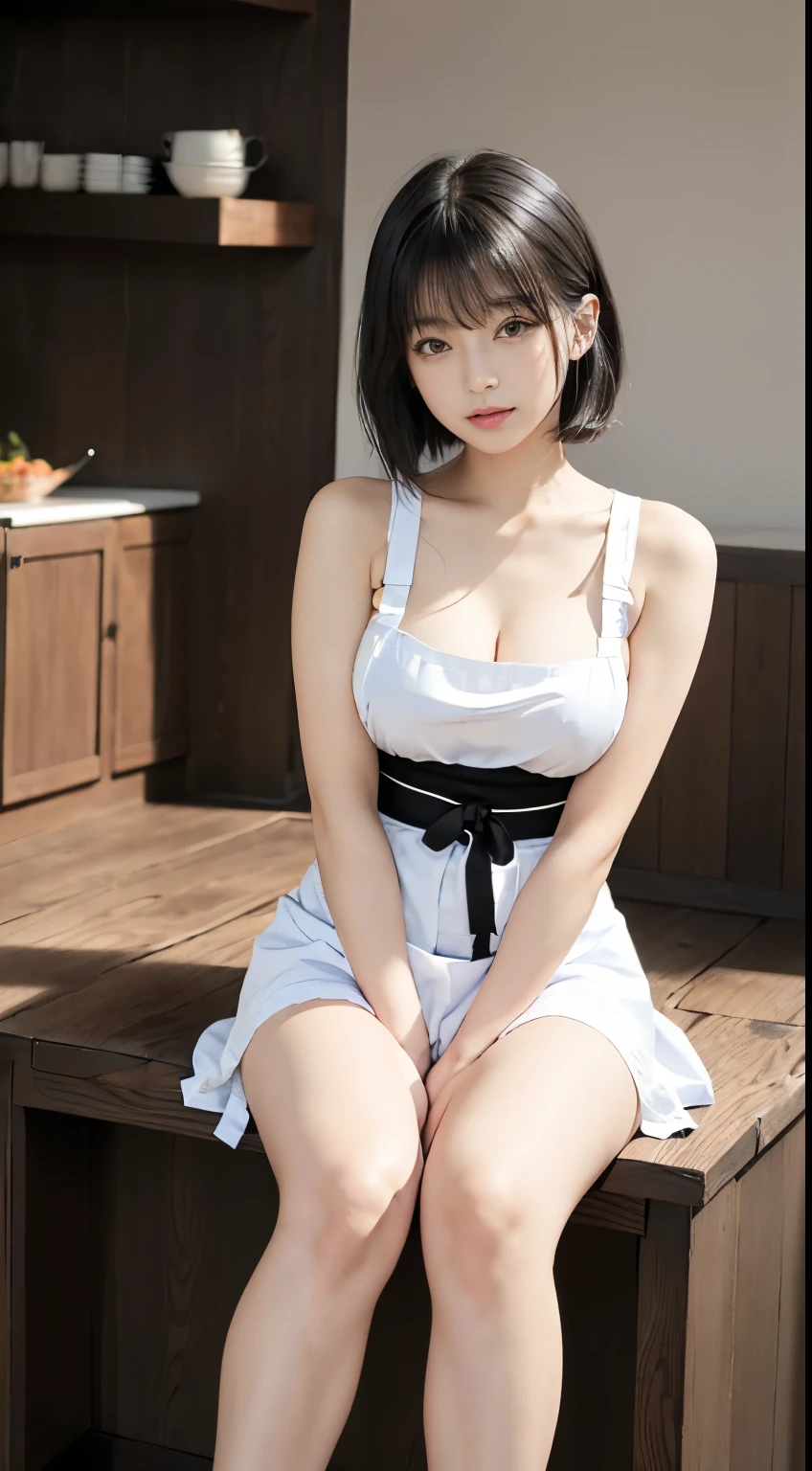 hightquality、​masterpiece、ultra res、cute girl face、kitchin、barechested、pinafore、Naked apron、full bodyesbian、Famous actresses of Japan、very beautiful face、A sexy