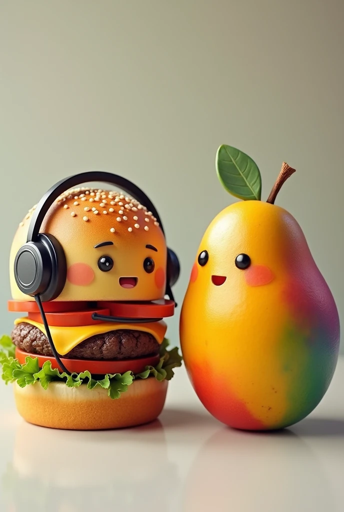 A hamburger with a call center headset and a mango with the gay pride flag