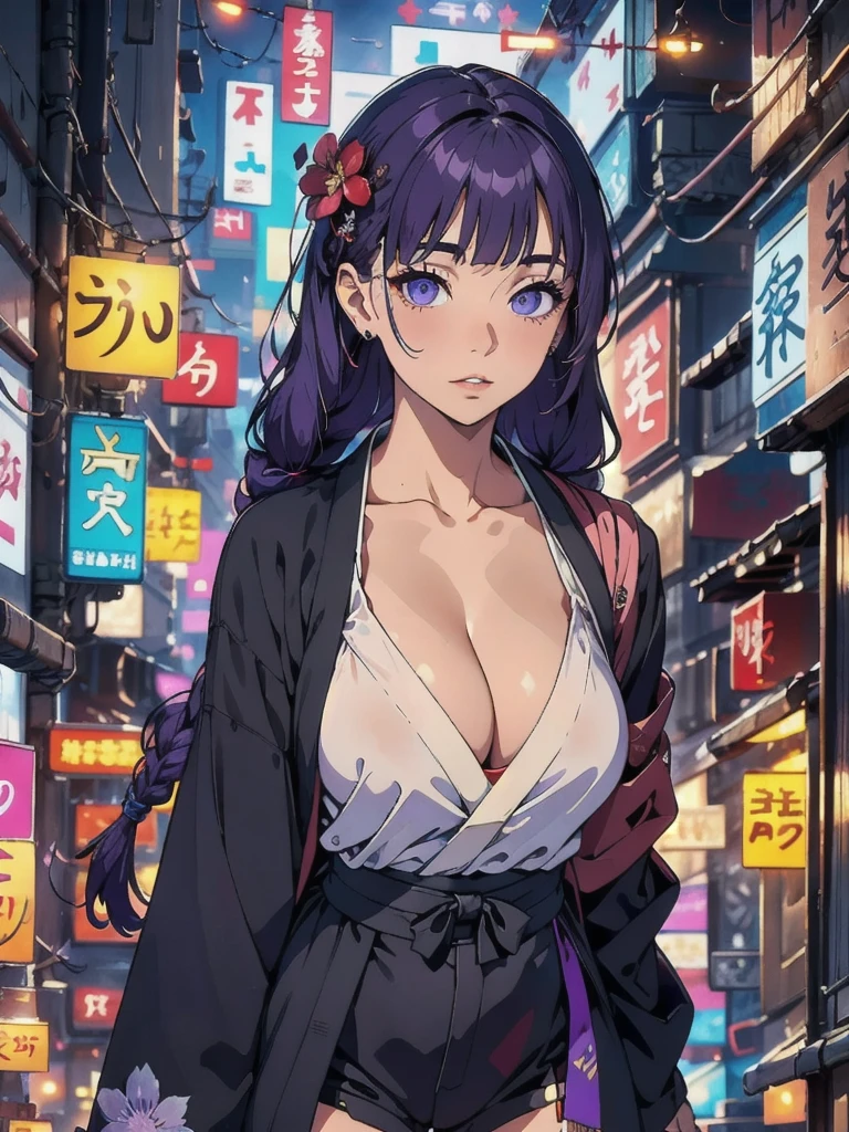 One person, Blunt bangs, Braiding, Wide sleeves, hair ornaments, kimono, Says Obi, (Purple Hair:1.2), Very long hair, Straight hair, View your viewers, Highly detailed background, (Photorealistic:1.2), Detailed eyes, Red eyeshadow, Depth of written boundary，thigh, (Urzan-6500:0.7), Upper Body, (alone:1.2), (Cyberpunk City:1.1), Cleavage, (Put your finger on your lips:1.1),Glowing Skin