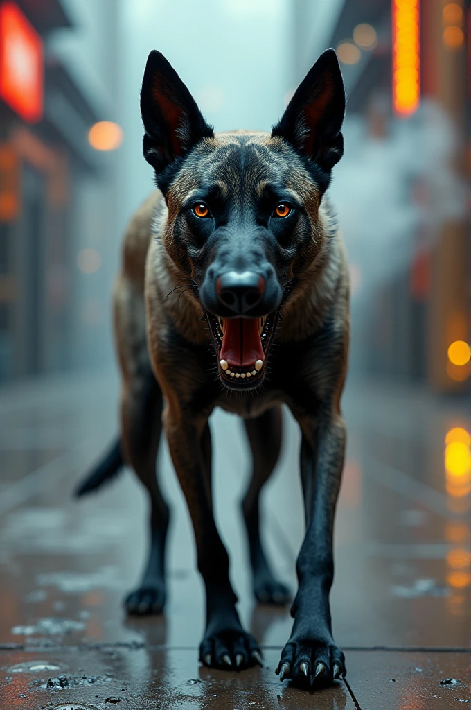 sticker grey white black malinois greyhound mix malinois , black head, wearing turbo, standing and roaring angry facing forward, grey black body color, futuristic and dynamic design. The dog has a bepita in the reflection. The red yellow color object star that is emitting smoke. silver and red yellow black hologram emblem, The image has a futuristic and detailed HD photography style