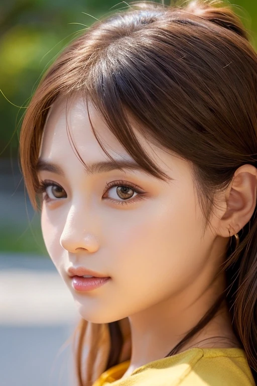 High-quality, ultra-realistic portraits。She has a beautiful nose、Her facial features are gorgeous yet naturally balanced.。Big eyes are kind、Gives a bright impression。The skin is transparent、Has a healthy glow。Makeup is natural、Use orange or mustard colored eyeshadow.、Lip color is subdued。The lighting is soft and natural.、Accentuating facial features、Does not emphasize shadows。The background is simple and has a blurred gradient.、Focus on the face。