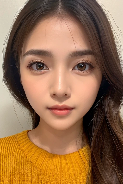 High-quality, ultra-realistic portraits。She has a beautiful nose、Her facial features are gorgeous yet naturally balanced.。Big eyes are kind、Gives a bright impression。The skin is transparent、Has a healthy glow。Makeup is natural、Use orange or mustard colored eyeshadow.、Lip color is subdued。The lighting is soft and natural.、Accentuating facial features、Does not emphasize shadows。The background is simple and has a blurred gradient.、Focus on the face。