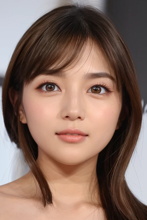 High-quality, ultra-realistic portraits。She has a beautiful nose、Her facial features are gorgeous yet naturally balanced.。Big eyes are kind、Gives a bright impression。The skin is transparent、Has a healthy glow。Makeup is natural、Use orange or mustard colored eyeshadow.、Lip color is subdued。The lighting is soft and natural.、Accentuating facial features、Does not emphasize shadows。The background is simple and has a blurred gradient.、Focus on the face。