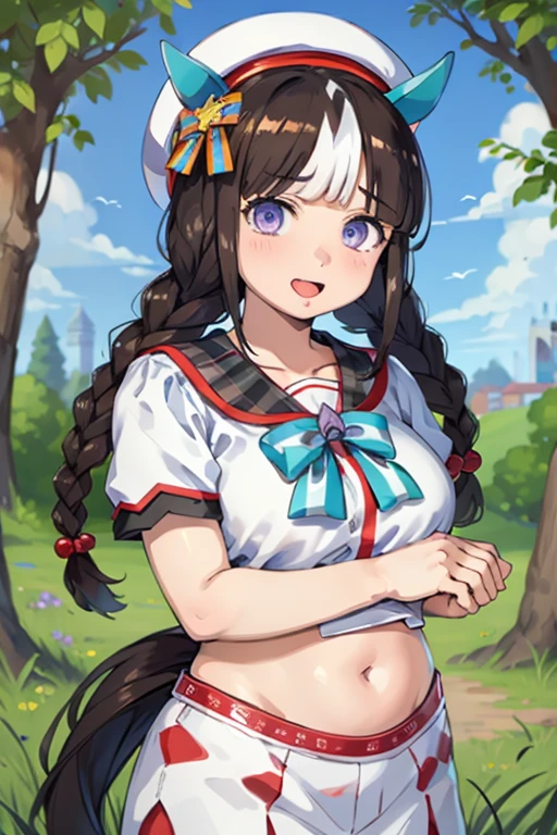 1girl, solo, long hair, breasts, looking at viewer, blush, open mouth, brown hair, black hair, hat, navel, animal ears, purple eyes, collarbone, tail, braid, white hair, multicolored hair, cowboy shot, tongue, twin braids, beret, white headwear, horse ears, plant, horse girl, horse tail, lactation