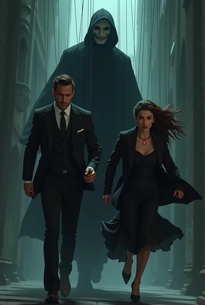 A handsome man wearing a black suit and a young woman wearing a Ruby pendant are scared and running away. A shadowy man with a mask is controlling them with puppet string from above.