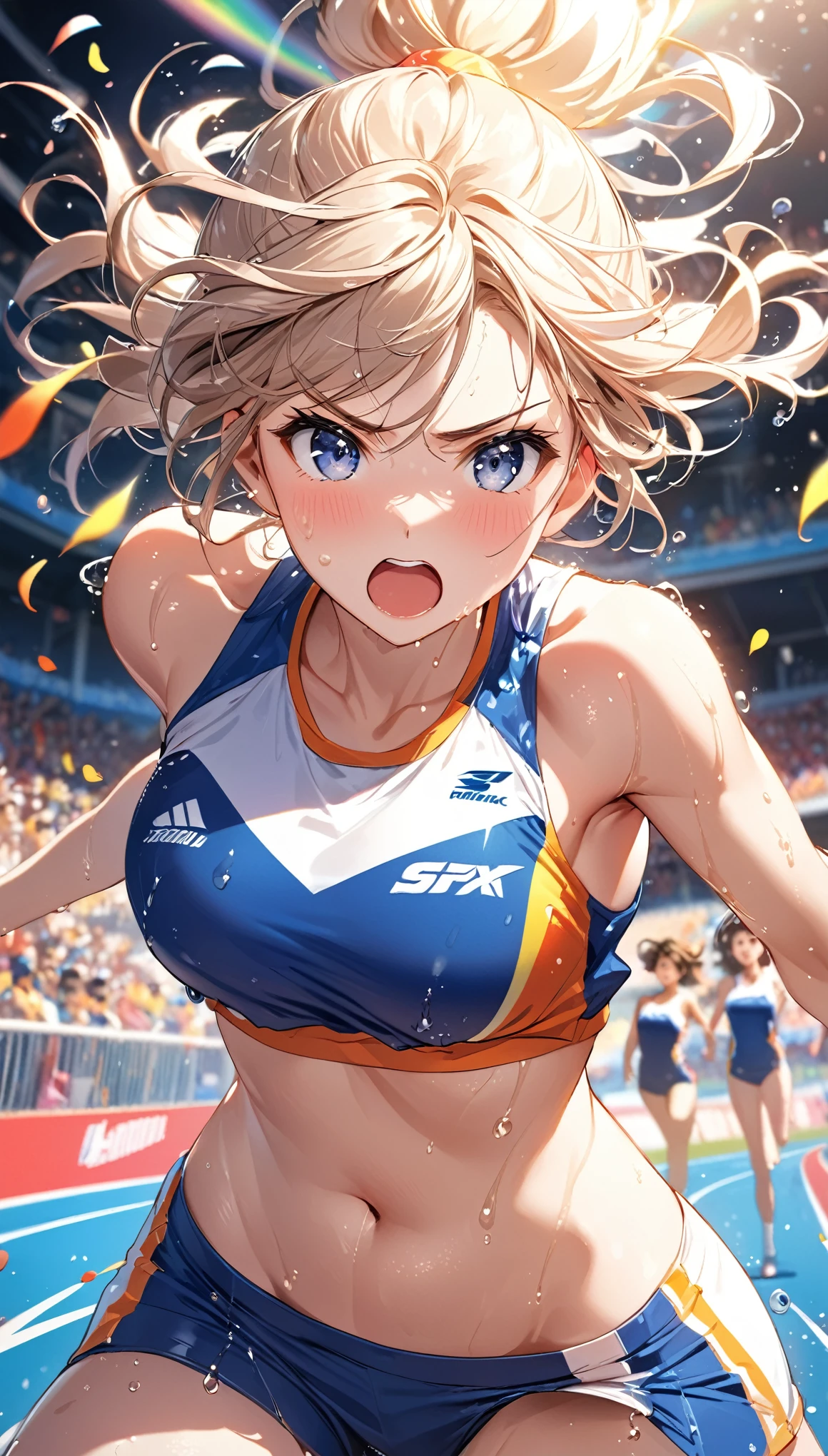 (Sports magazine cover photo), Highest quality, Great quality, 16K, Unbelievably absurd, Very detailed, delicate and dynamic, Natural light, The particles reflect light, Diffuse reflection of light, Many rainbow-colored petals fall, Beautiful truck studium, Sparkling Sun, Diffuse reflection of light, Create amazing image effects, , Wet, sweating, high jump competition, Close-up(Cute sexy girl, big bouncing busts, Sensual expression, Cool girl, Serious, passion, Dynamic, Flashy track and field uniform, audience , much-air-laden cheer)