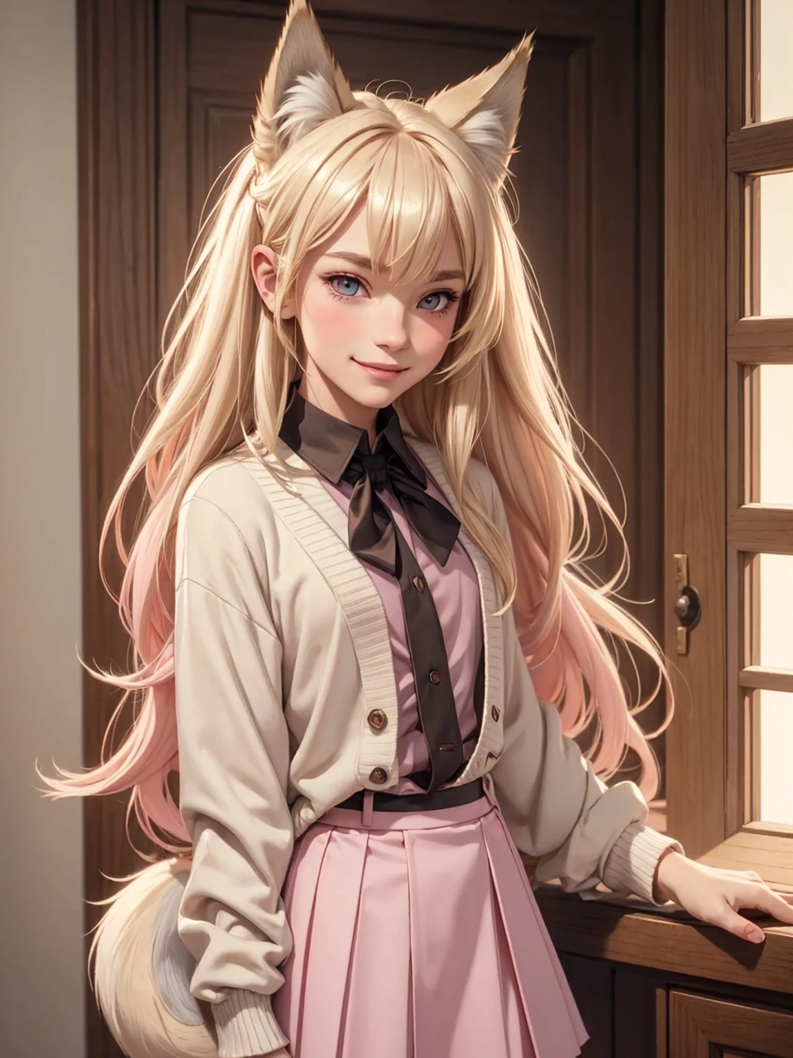 (best quality), 1boy, male, femboy, porcelain skin, blonde hair, straight hair, long hair, swept bangs, cardigan, skirt, brown eyes, perfect eyes, (wolf ears), (wolf tail), collar, flat chest, smile, masculine, blush, pink lips, masterpiece, anatomically correct, highres
