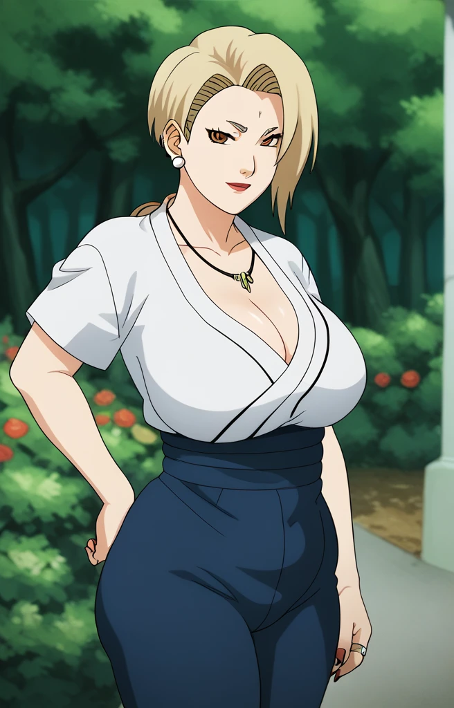 Tsunade senju,Big breast,Sagging big breast,Hitozuma,cleavage,uzumaki clan symbol in outfit,Wringkle,wedding ring,Sleeve outfit,old lady,Wringkle in face,Grandma who still have sexy body,Gilf,standing,potrait,Uzumaki tsunade,Plump,Sleeve,Wide hips,1girl,Solo,Tsunade necklace,Shirt with cleavage And uzumaki clan symbol,Double chin,big green Pearl earring,undercut fade hair