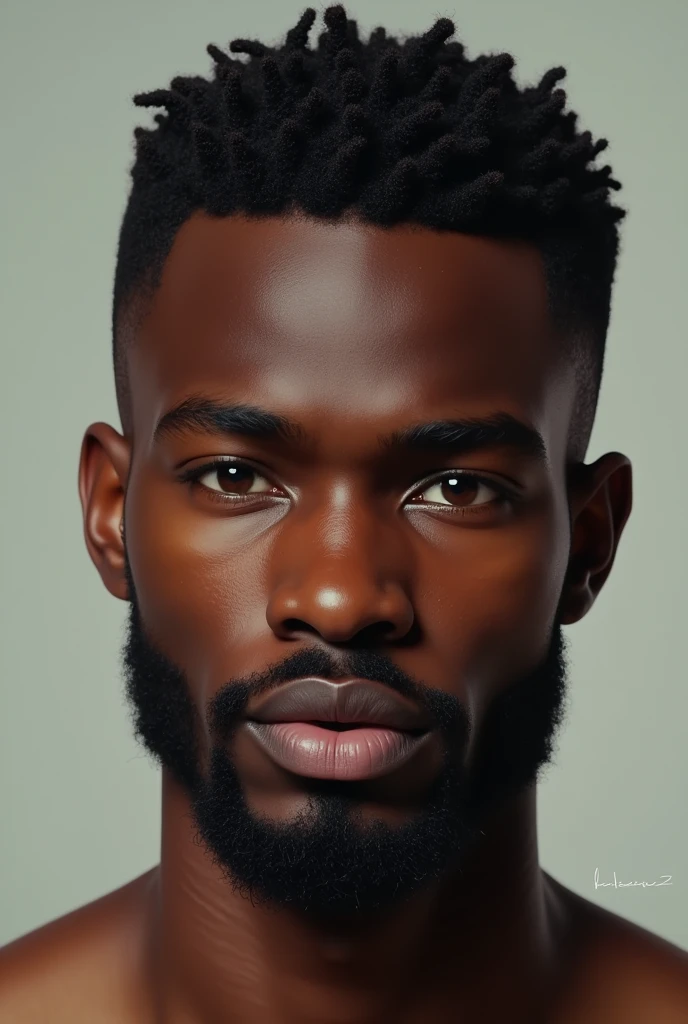 23 year old african man. Tall, defined jawline, very little stubble, curious eyes, calm face