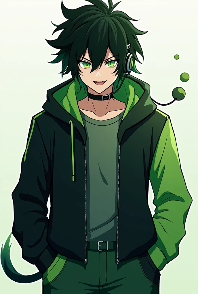 黒のような緑のような髪のmale。。Short, outward-curling hair is tousled and frizzy。Green eyes with an upturned gaze and severe dark circles。
A close-fitting, racer-style hoodie and a red headset are worn。A microphone and antenna extend from the headset。The hoodie is black with green from the shoulders to the biceps。There's a chest pocket with a silver zipper。An inner deep green hooded sweatshirt is worn。The pants are green from the knees down and green around the pockets、The inside is gray。The boots are solid green。A soft tail accessory is attached to the left hip, with a gradient from white to green。The teeth are jagged。The whites of the eyes are black。male。