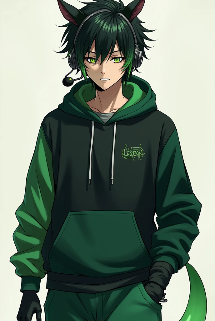 黒のような緑のような髪のmale。。Short, outward-curling hair is tousled and frizzy。Green eyes with an upturned gaze and severe dark circles。
A close-fitting, racer-style hoodie and a red headset are worn。A microphone and antenna extend from the headset。The hoodie is black with green from the shoulders to the biceps。There's a chest pocket with a silver zipper。An inner deep green hooded sweatshirt is worn。The pants are green from the knees down and green around the pockets、The inside is gray。The boots are solid green。A soft tail accessory is attached to the left hip, with a gradient from white to green。The teeth are jagged。The whites of the eyes are black。male。