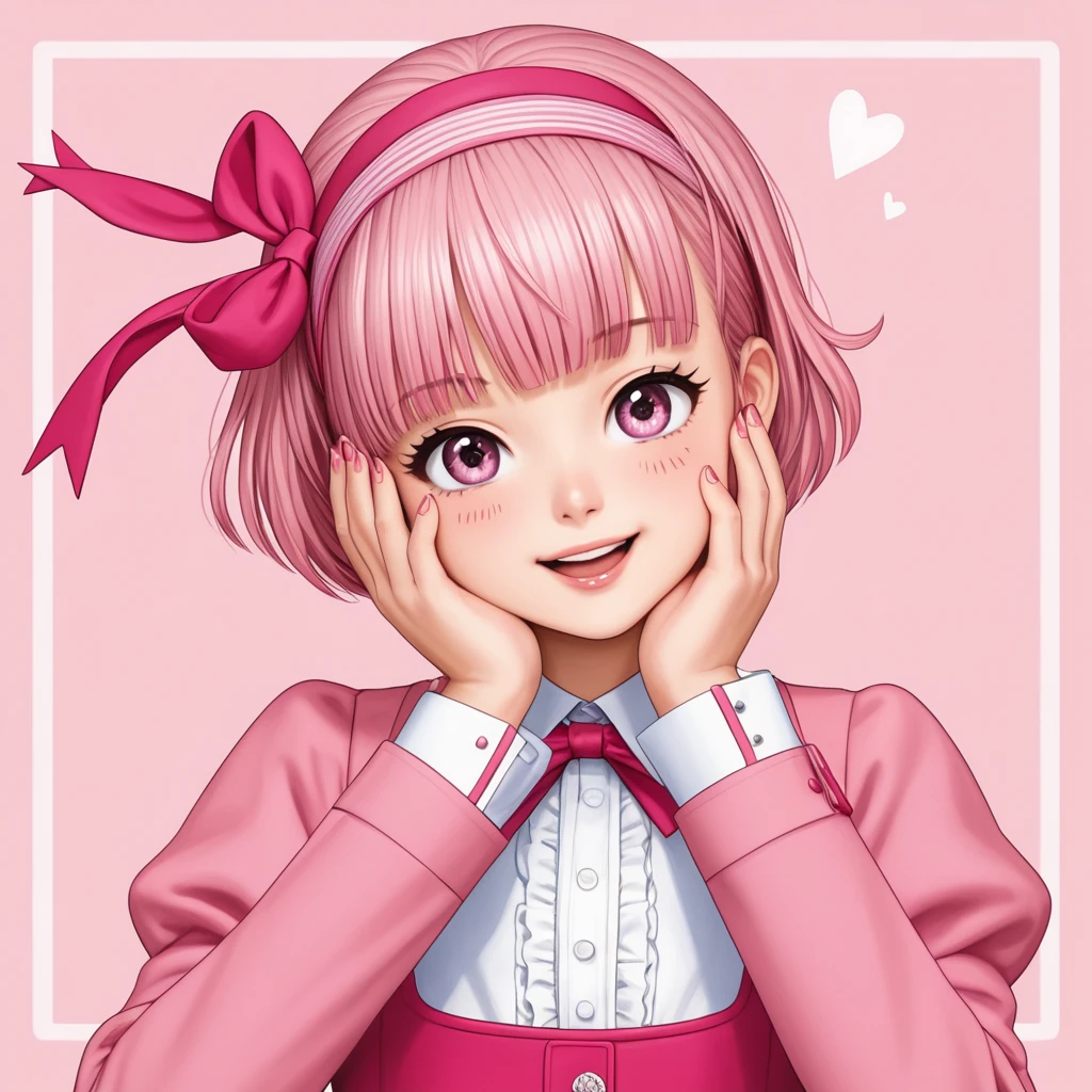 A very cute and charming  with slightly tousled but neatly styled wolfcut, striking an extremely cute pose with his hands on his cheeks and a playful wink. He is wearing a frilly pink outfit with ribbons and bows, detailed pink socks and shoes, and a matching pink headband with a large bow. The background is simple and softly blurred, with girly pink tones, focusing on the character. Highly detailed, professional anime style, clean line art, smooth shading, sharp focus, high-quality hair details, no clutter.