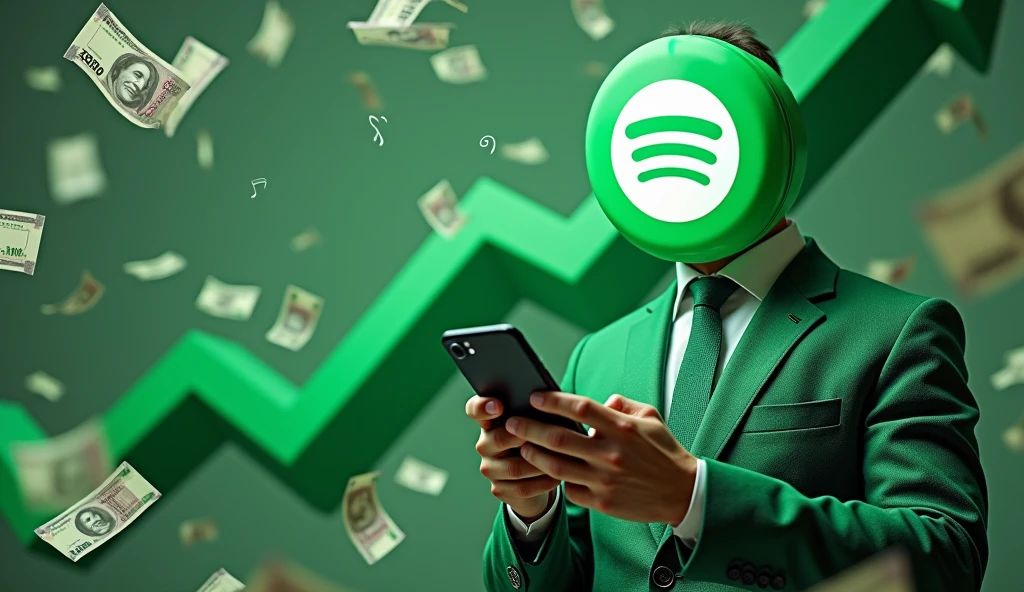 Ultra realistic
**Create an image where a realistic-looking man is shown with only the upper half of his body visible. The man's head is replaced with the Spotify logo, but the rest of his appearance should be lifelike. He is dressed in a green suit and is holding a mobile phone close to the screen, with the phone's display showing a payment of ₹2.5 lakh received. The man should be prominently positioned in the foreground of the image. At the top of the image, place the large 3D text "MAKING SONGS" in an extra-large, bold font. In the middle of the image, add the large 3D text "SPOTIFY AUTOMATION" in an equally bold and large font. The background features a rain of Indian ₹2000 and ₹500 notes, symbolizing abundance, along with a green upward-trending graph and subtle musical notes to emphasize growth and the connection to music