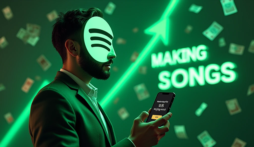 Ultra realistic 
**Create an image where a realistic-looking man is shown with only the upper half of his body visible. The man's head is replaced with the Spotify logo, but the rest of his appearance should be lifelike. He is dressed in a green suit and is holding a mobile phone close to the screen, with the phone's display showing a payment of ₹2.5 lakh received. The man should be prominently positioned in the foreground of the image. At the top of the image, place the large 3D text "MAKING SONGS" in an extra-large, bold font. In the middle of the image, add the large 3D text "SPOTIFY AUTOMATION" in an equally bold and large font. The background features a rain of Indian ₹2000 and ₹500 notes, symbolizing abundance, along with a green upward-trending graph and subtle musical notes to emphasize growth and the connection to music 