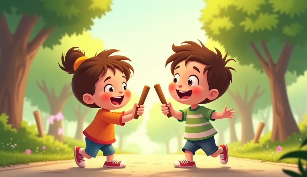 "Two cartoon children clapping small wooden sticks together in rhythm, outdoors in a sunny park. Smiling faces, and the scene is lively and cheerful."