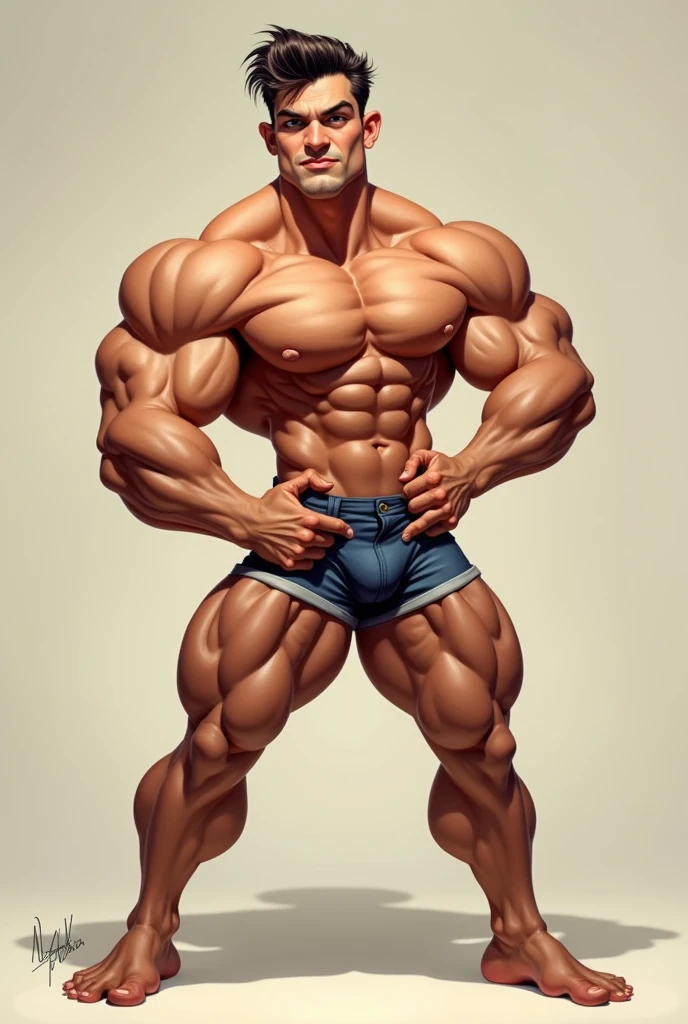 Caricature of a muscular handsome man,, posing as a kelvin clein model, 