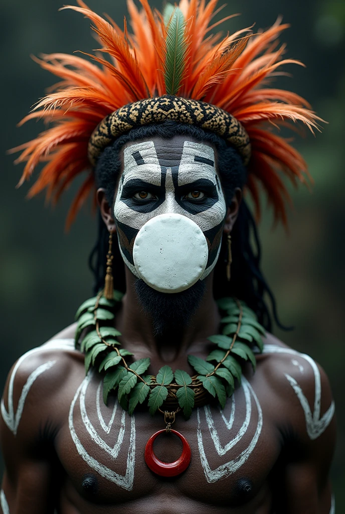 A portrait of a Highlander warrior from Papua New Guinea with elaborate face paint in white and black, featuring a large white disc covering the mouth. The warrior wears a traditional headdress made of colorful feathers, a necklace of green leaves with a red crescent moon pendant, and a white and black painted body. The background is blurred and dark.