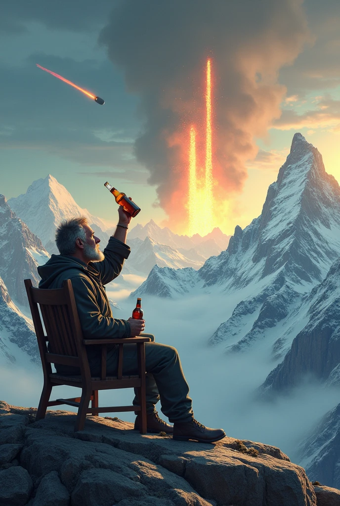 A man sitting on a chair in the mountains, drinking beer while watching the apocalypse on Earth and the fall of a meteor shaped like the letter "L"