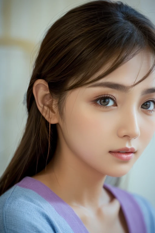 High-quality, ultra-realistic portraits。She has a beautiful nose、Her facial features are gorgeous yet naturally balanced.。Big eyes are kind、Gives a bright impression。The skin is transparent、Has a healthy glow。Makeup is natural、Use orange or mustard colored eyeshadow.、Lip color is subdued。The lighting is soft and natural.、Accentuating facial features、Does not emphasize shadows。The background is simple and has a blurred gradient.、Focus on the face。