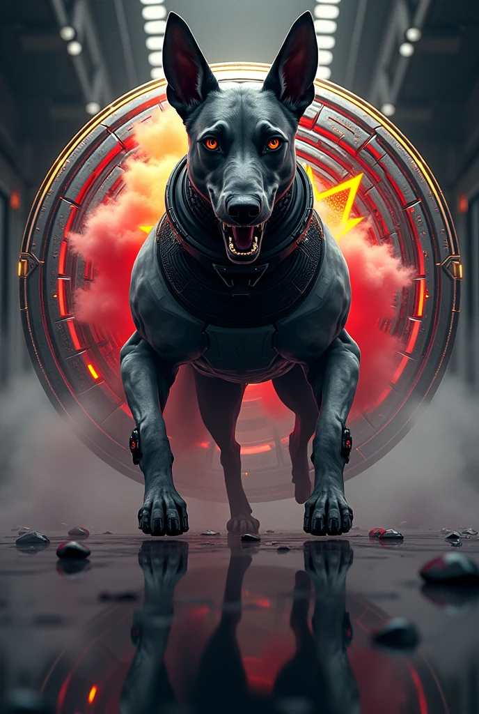 Logo grey white black malinois greyhound mix malinois , black head, wearing turbo, standing and roaring angry facing forward, grey black body color, futuristic and dynamic design. The dog has a bepita in the reflection. The red yellow color object star that is emitting smoke. silver and red yellow black hologram emblem, The image has a futuristic and detailed HD photography style