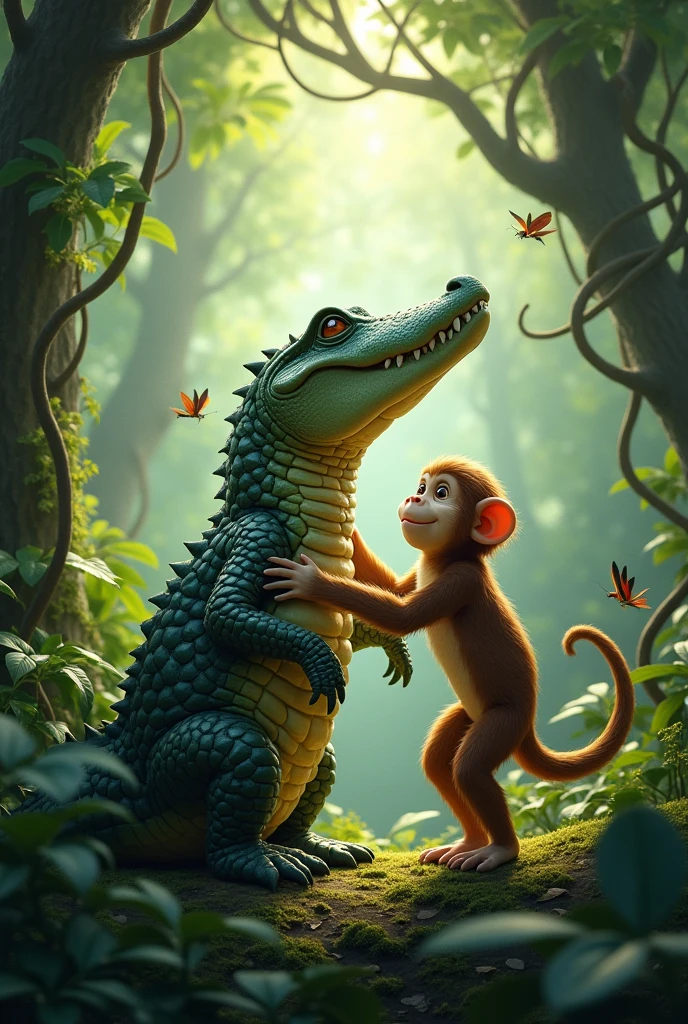 A crocodile friendsgip with monkey in the jungle