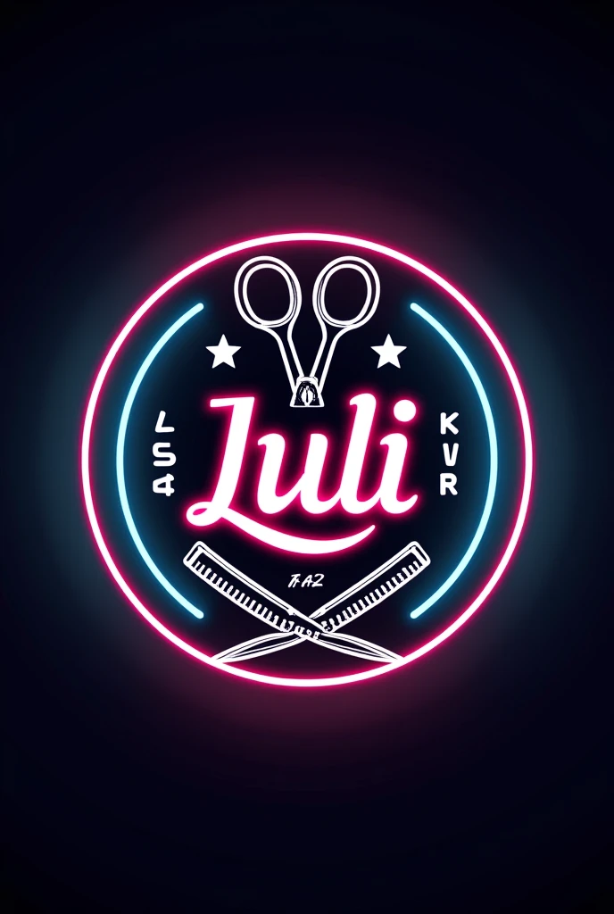 Neon round logo that says Luli barber shop that has barber scissors and razors and a hair clipper