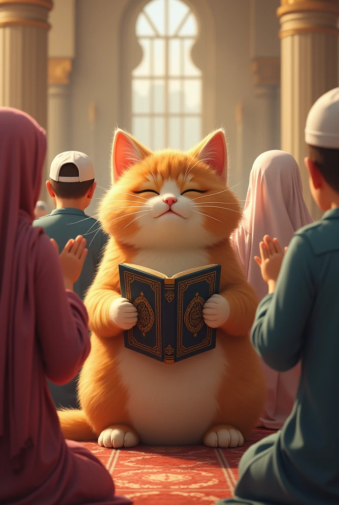 A big cute cat hand Qur'an and his crying and his wearing Dubai cloth and others people pray namaz