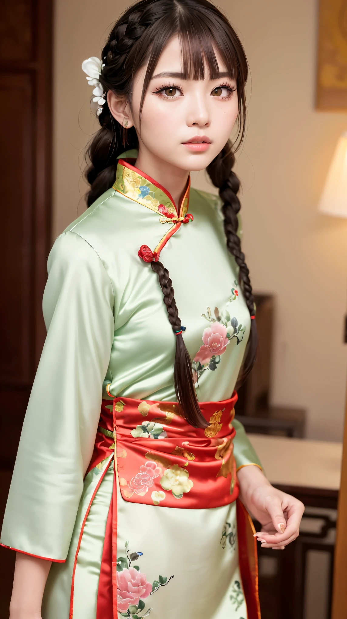 Realistic, masterpiece, Highest quality, Highest Resolution, Anatomically correct, Accurate Anatomy, 7 heads, Height: 165cm, One Japanese woman, Staring at the audience, Open your mouth and laugh, Staring at the audience, Fine and beautiful eyes, Sparkling eyes, Thin eyebrows, Gives lashes a delicate finish, False eyelashes, (Chinese traditional makeup:1.2), (Braided hair, Blunt bangs, Brown Hair:1.2), Detailed face, Sharp Eyes, (Traditional Chinese Dress, Clothes that fit snugly to the body, Random Color:1.3), Upper body photo, Background like ink painting