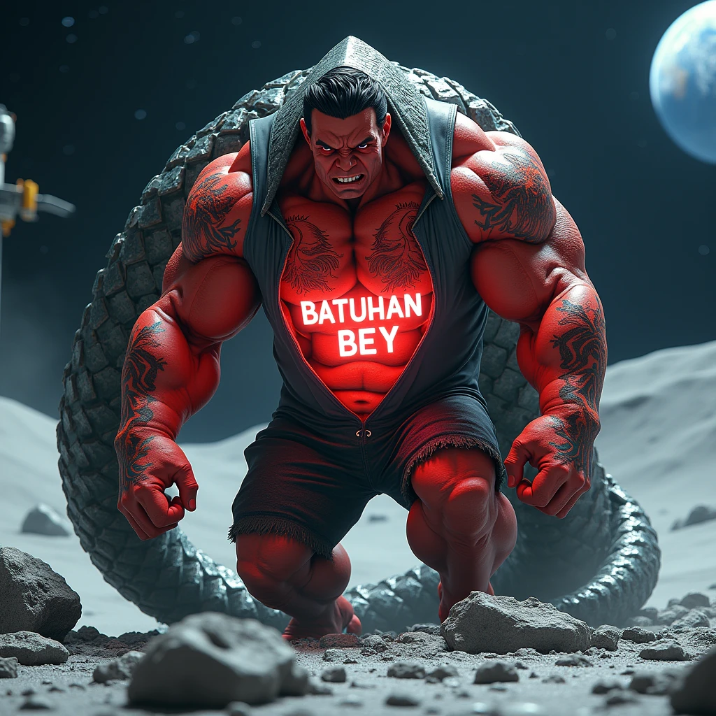 I want a red-skinned Hulk emerging by tearing through the stomach of a giant anaconda. Hulk is ripping his t-shirt with his hands and screaming. There should be a glowing white LED-like tattoo on his chest that says 'BATUHAN BEY.' His entire body should be covered with tattoos. Hulk should be muscular and large in size. The background should show him standing on the Moon, with Earth visible in the distance and space machinery in the far background. I want a very realistic photo in 4K quality.