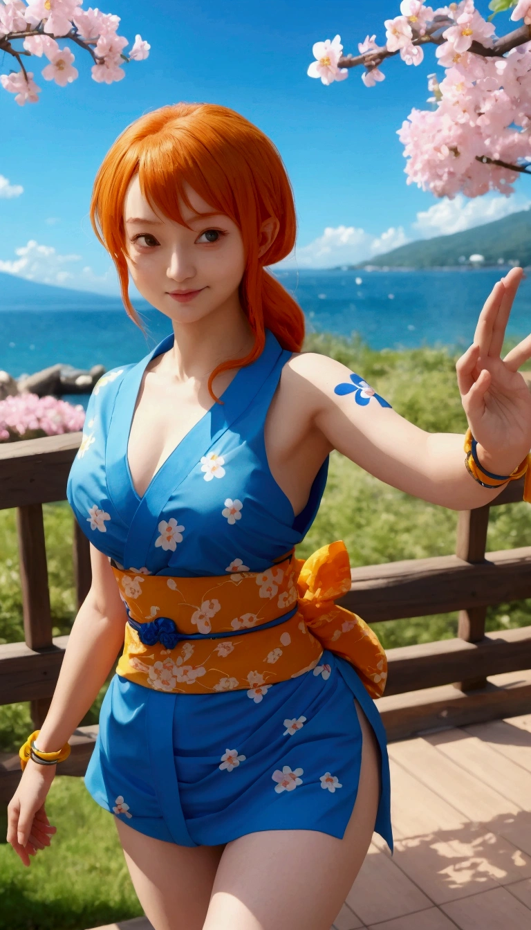 Beautiful girl in blue kimono with orange hair and a yellow belt, nami from one piece, beautiful portrait of nami, nami one piece, nami, female protagonist 👀 :8, cosplay 