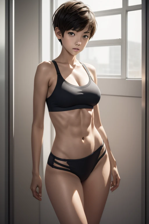 A 12 year old beautiful, slim and sexy girl with short hair wearing nothing. Tomboy hairstyle. Not wearing bra. Big breasts can be seen. Abs. Standing position. Breasts.