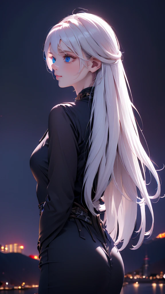 1 girl, medium light white hair, light blue eyes, wearing black suit , night city, absurdres , high res, ultrasharp, 8K, masterpiece, looking from behind