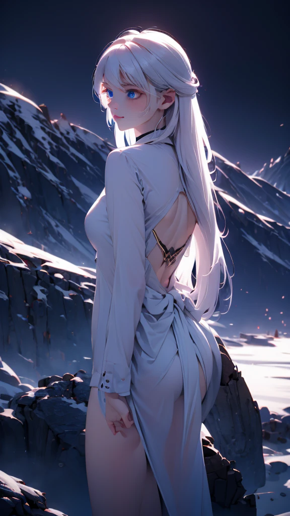 1 girl, medium light white hair, light blue eyes, wearing black suit , night city, absurdres , high res, ultrasharp, 8K, masterpiece, looking from behind