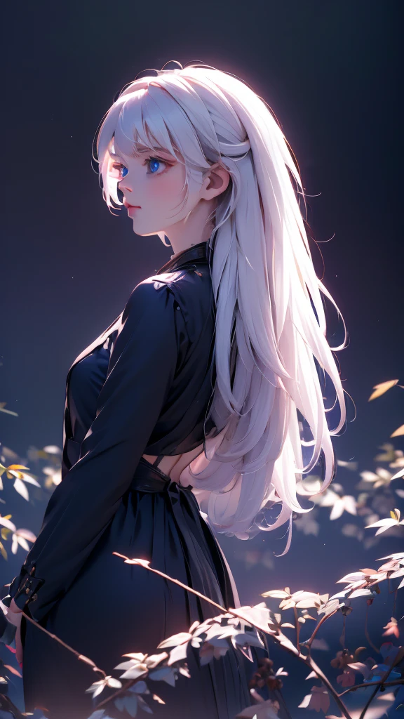 1 girl, medium light white hair, light blue eyes, wearing black suit , night city, absurdres , high res, ultrasharp, 8K, masterpiece, looking from behind