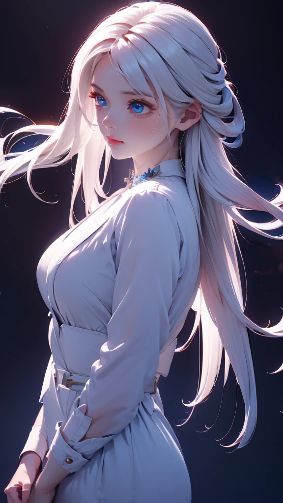 1 girl, medium light white hair, light blue eyes, wearing black suit , night city, absurdres , high res, ultrasharp, 8K, masterpiece, looking from behind